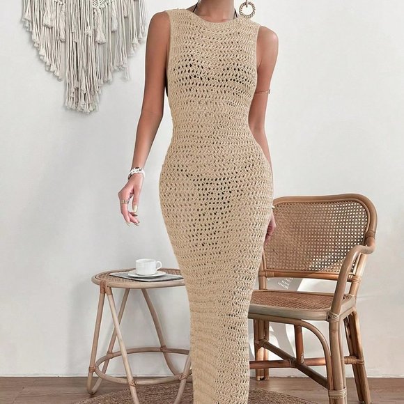 Apricot Casual Womens Hollow Out Split Thigh Cover Up Dress Without Bikini - Picture 5 of 5